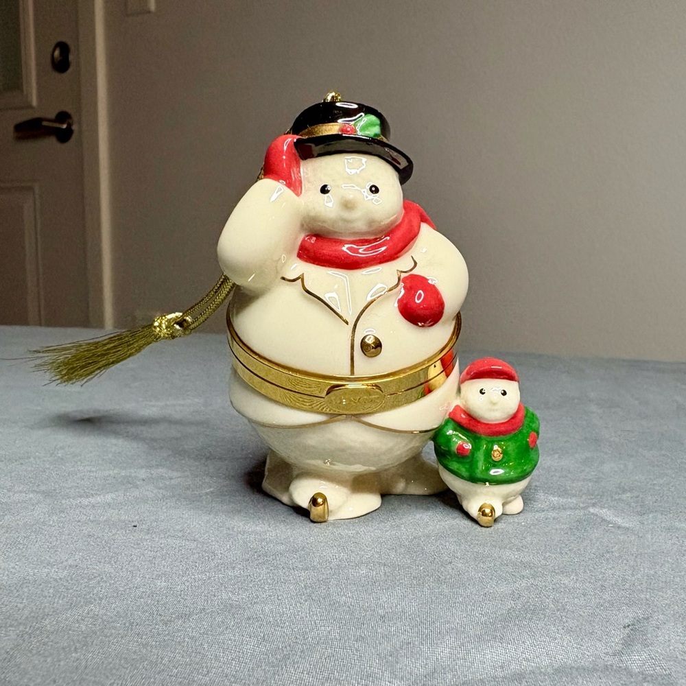 Lenox Porcelain Skating Snowman and Child Trinket Box Ornament BNIB